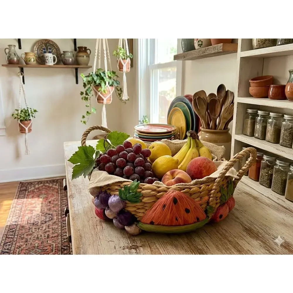 Boho Vintage 1970s Handwoven Raffia Basket 3D Fruit Appliqué Handles